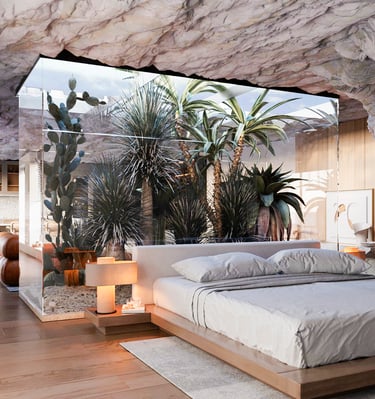 a bedroom with a bed and a bed in the middle of the room