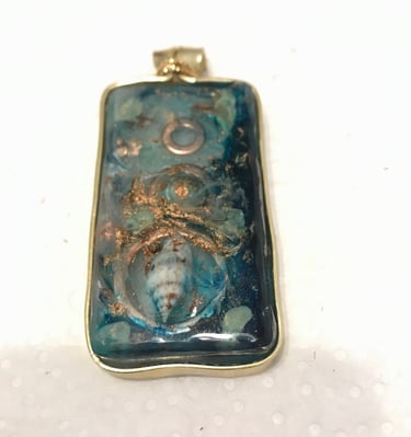 Pendant.uV resin, copper wire and washers, inks.