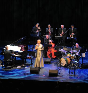 a woman in a long dress standing on a stage