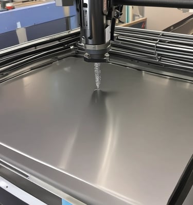 Several polished metal exhaust pipes arranged on a perforated metal table, with a plain industrial wall in the background. The pipes exhibit a clean and shiny finish with weld marks visible at the joints.