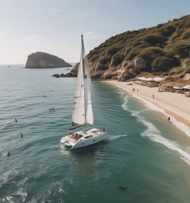 boat with peoples sailing on body of water with island background