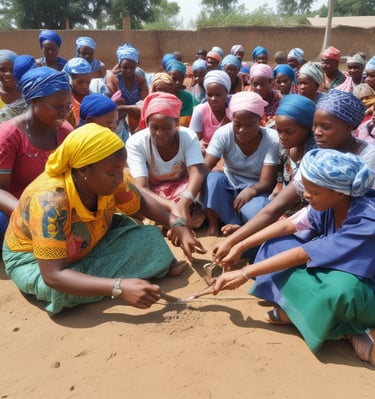 A group of six women wearing vibrant, flowing outfits stand confidently around a wooden bench in a modern indoor setting with high ceilings and large pillars. The women are posed elegantly with varied hairstyles and expressions, conveying a sense of strength and elegance.