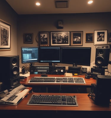 A dimly lit room features two large computer screens displaying complex audio editing software. Multiple speakers are visible in the background, with a digital clock and other electronic equipment situated below the screens.