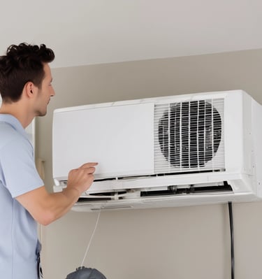 An exterior view of an old building with numerous electrical wires crisscrossing and a corrugated metal structure attached. An air conditioning unit is mounted on the wall, and green plants are visible in a small space. The building walls are weathered, with a faded yellow and brown color.