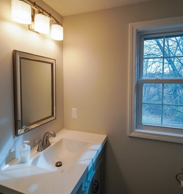 a bathroom with a sink and a window