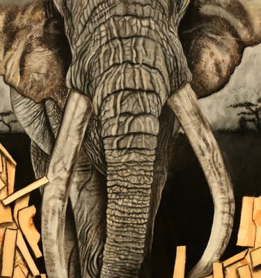 Œuvre intitulée Éclat de Sagesse, représentant un éléphant de face, peinture réalisée sur bois OSB.