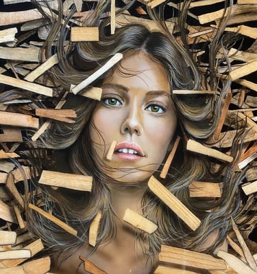 Œuvre intitulée Ascend, représentant un portrait féminin, peinture réalisée sur bois OSB.