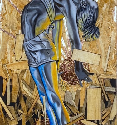 L’Éveil de Séléné, portrait féminin sur OSB, acrylique et fusain