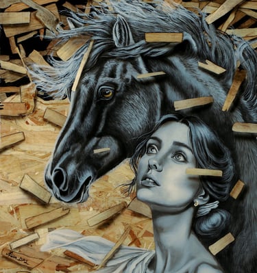 Orithye et le souffle de Borée, représentant une femme accompagnée d’un cheval, peinture