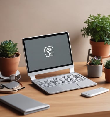 A modern workspace setup featuring a smartphone displaying a logo for National Bank, a silver laptop with a visible keyboard and trackpad, and a potted succulent plant in a terracotta pot. The items are arranged on a textured tabletop.