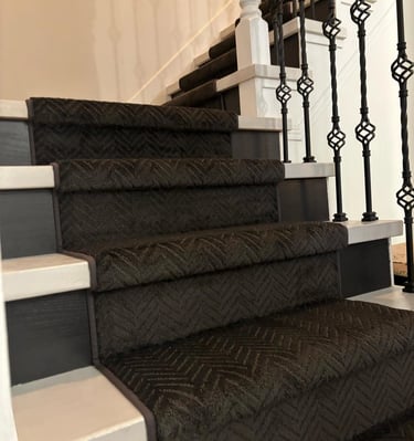 Black herringbone runner carpet installed on staircase with modern look – London ON