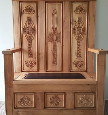 Handcrafted monks bench with mortise and tenon joints and highly detailed Celtic knot work carvings. Colorado Springs.