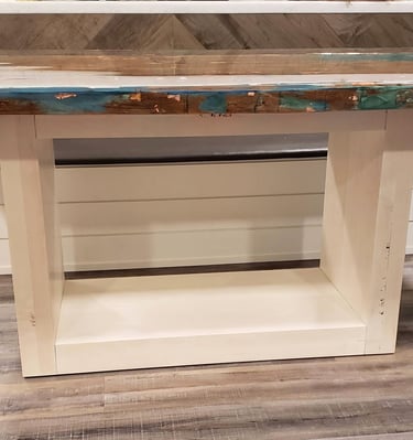 custom dinner table with colored epoxy with gold flecks and reclaimed wood with a maple wood base. Colorado Springs Kitchen.