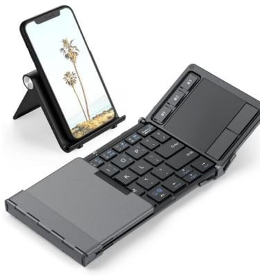 Tri-fold Bluetooth keyboard with touchpad, syncs to 3 devices.