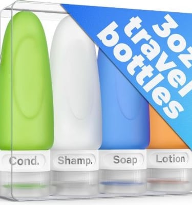 Set of leakproof silicone travel bottles with color-coded caps.