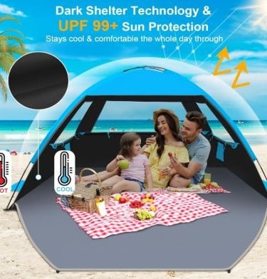 Portable beach tent with UPF 50+ sun protection, spacious for multiple people