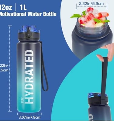 Clear water bottle with time markers and flip-lock lid.