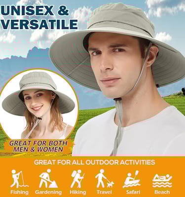 Adjustable sun hat with wide brim and mesh panels.