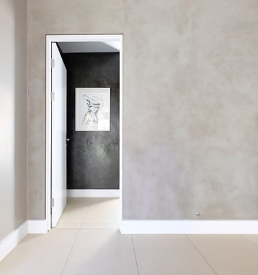 Modern home interior featuring CemCote Mist skimmed concrete surface, seamless and durable cement coating in Botswana