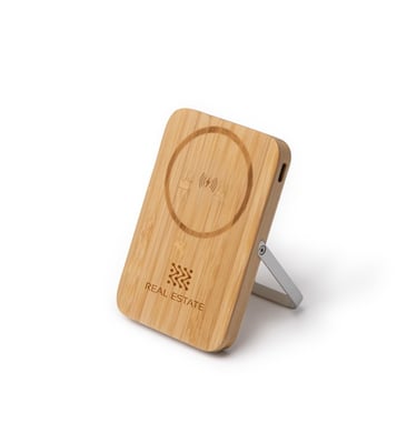 bateria externa en bambú con utilidad de soporte vertical