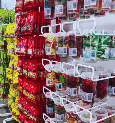 a store display of various types of food