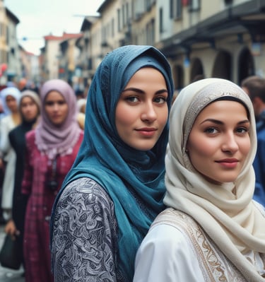 A woman is wearing a golden hijab adorned with an elegant tiara and intricate jewelry. Her attire features gold embellishments that complement the detailed accessories, and she is smiling warmly.