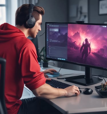 A person is sitting in front of a computer screen, speaking into a microphone. The environment is dimly lit with warm, yellow and green hues, creating a focused atmosphere. Audio equipment and the edge of a computer monitor are visible in the background.