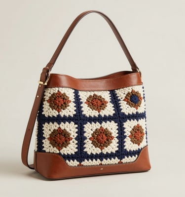 Close-up of a sophisticated pastel khaki crochet handbag with delicate stitching.