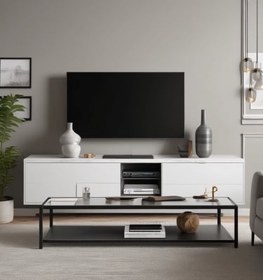 A modern home office setup features a black gaming chair on the left. An acoustic wall panel holds headphones and magazines. A wooden door is centrally placed, and next to it is a black metal shelf with a speaker and some decorative items. Greenery-themed art is displayed on a monitor, with a desk microphone in the foreground.