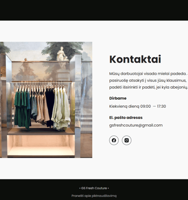 GS Fresh Couture svetainės kontaktų puslapio su drabužių ekspozicija