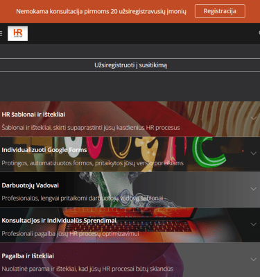HR Agents svetainės vidinio puslapio planšetinio kompiuterio versija, demonstruojanti funkcionalumą.