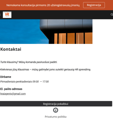 HR Agents svetainės kontaktų puslapio planšetinio kompiuterio versija su įmonės informacija.