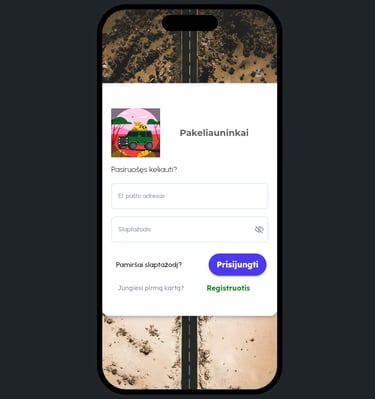 Mobiliosios kelionių programėlės prisijungimo/registracijos langas ("Sveikas Pakeliauninke!"