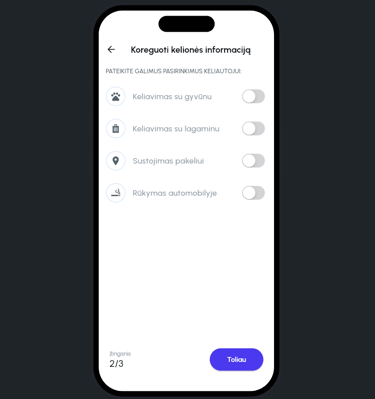 Mobiliosios kelionių programėlės nustatymų ekranas su parinktimis.