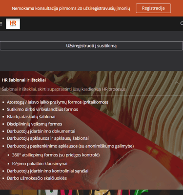 HR Agents svetainės vidinio puslapio planšetinio versija, demonstruojanti paslaugų aprašymą