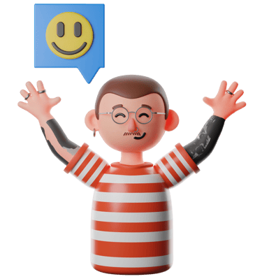Me as a cartoon character who is happy and stretches both arms upwards. Above my head is a smiley