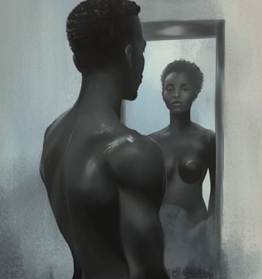 Digital painting of a man in front of a mirror