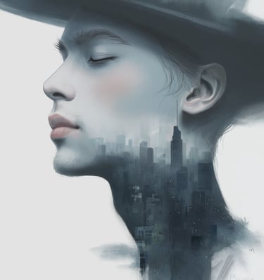 man in hat and cityscape