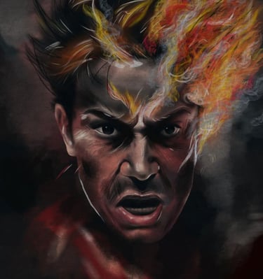 rageful man with flames