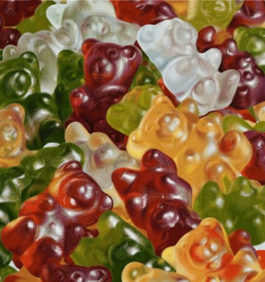 Vibrant digital painting of a bunch of gummy bears available as fine art paper and canvas prints