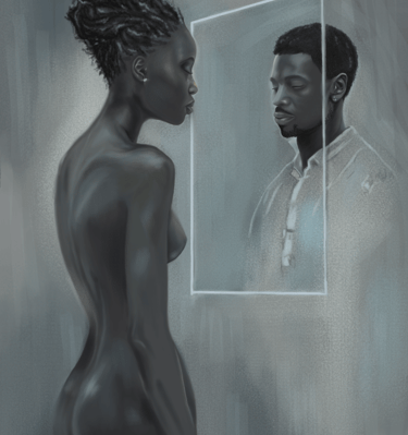 Digital painting of a woman standing in front of a mirror