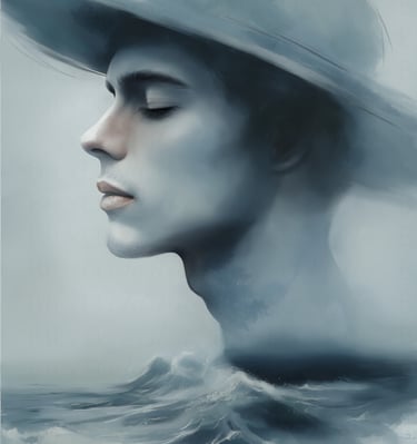 man in hat over ocean waves