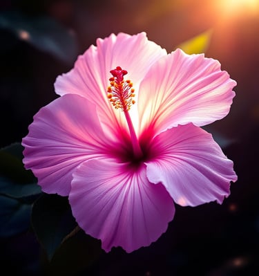 a pink flower with a sun shining in the background