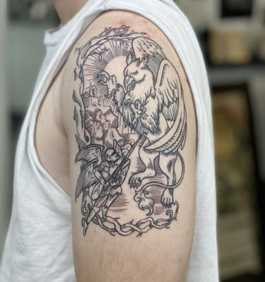 a man with a tattoo on his arm medieval line art epic mythical battle