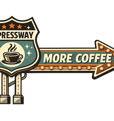 Vintage retro coffee shop sign with Espressway text and a glowing arrow pointing to more coffee.