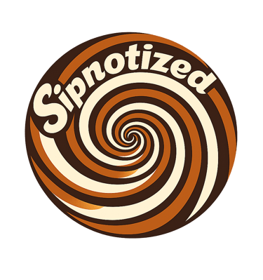 Sipnotized logo featuring a circular brown and tan hypnotic spiral with stylized retro typography.