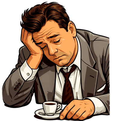 Tired businessman in a grey suit looking exhausted over a small cup of espresso coffee.