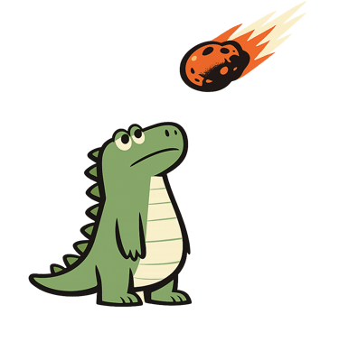 Cute cartoon green dinosaur looking up at a falling orange meteor on a black background.