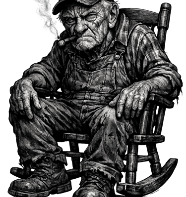 Black and white sketch of a grumpy old man in overalls smoking a cigar in a rocking chair.