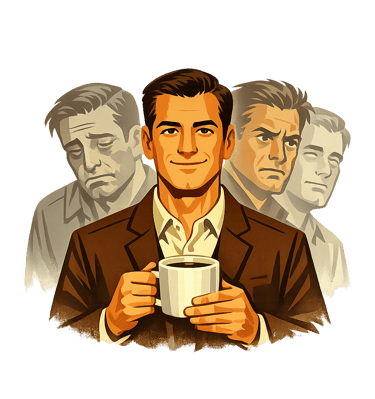 Illustration of a smiling businessman holding coffee with shadows of sad and angry emotions behind him.